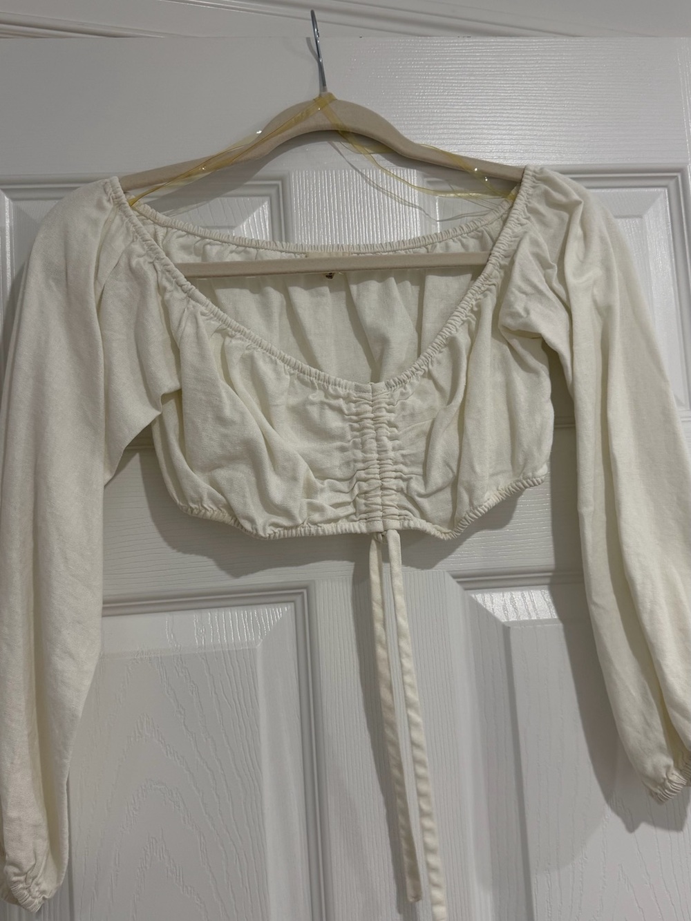 La Hearts Cream Ruched Long-Sleeve Cropped Top